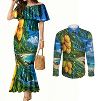Hawaiian Mango Tropical Beach Couples Matching Mermaid Dress and Long Sleeve Button Shirt Scenic Island Nature Exotic Fruit Graphic