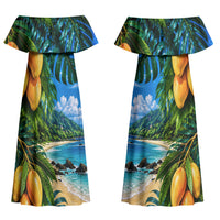 Hawaiian Mango Tropical Beach Couples Matching Off Shoulder Maxi Dress and Hawaiian Shirt Scenic Island Nature Exotic Fruit Graphic
