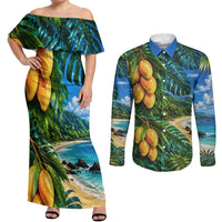 Hawaiian Mango Tropical Beach Couples Matching Off Shoulder Maxi Dress and Long Sleeve Button Shirt Scenic Island Nature Exotic Fruit Graphic