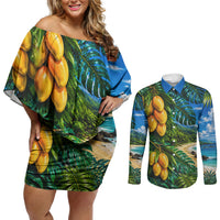 Hawaiian Mango Tropical Beach Couples Matching Off Shoulder Short Dress and Long Sleeve Button Shirt Scenic Island Nature Exotic Fruit Graphic