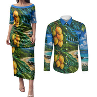 Hawaiian Mango Tropical Beach Couples Matching Puletasi and Long Sleeve Button Shirt Scenic Island Nature Exotic Fruit Graphic