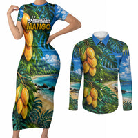 Hawaiian Mango Tropical Beach Couples Matching Short Sleeve Bodycon Dress and Long Sleeve Button Shirt Scenic Island Nature Exotic Fruit Graphic