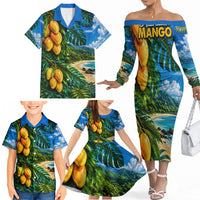 Hawaiian Mango Tropical Beach Family Matching Off The Shoulder Long Sleeve Dress and Hawaiian Shirt Scenic Island Nature Exotic Fruit Graphic