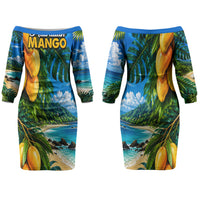 Hawaiian Mango Tropical Beach Family Matching Off The Shoulder Long Sleeve Dress and Hawaiian Shirt Scenic Island Nature Exotic Fruit Graphic
