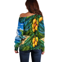Hawaiian Mango Tropical Beach Off Shoulder Sweater Scenic Island Nature Exotic Fruit Graphic