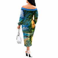 Hawaiian Mango Tropical Beach Off The Shoulder Long Sleeve Dress Scenic Island Nature Exotic Fruit Graphic