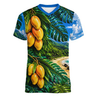 Hawaiian Mango Tropical Beach Women V-Neck T-Shirt Scenic Island Nature Exotic Fruit Graphic