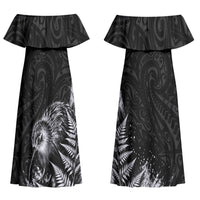 Personalized New Zealand Kiwi Bird Couples Matching Off Shoulder Maxi Dress and Hawaiian Shirt Grunge Maori Tribal Pattern Silver Fern