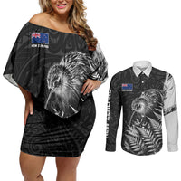 Personalized New Zealand Kiwi Bird Couples Matching Off Shoulder Short Dress and Long Sleeve Button Shirt Grunge Maori Tribal Pattern Silver Fern