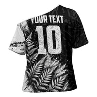 Personalized New Zealand Kiwi Bird Cross Shoulder Shirt Grunge Maori Tribal Pattern Silver Fern