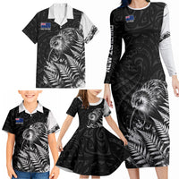 Personalized New Zealand Kiwi Bird Family Matching Long Sleeve Bodycon Dress and Hawaiian Shirt Grunge Maori Tribal Pattern Silver Fern TS04 - Polynesian Pride