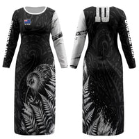Personalized New Zealand Kiwi Bird Family Matching Long Sleeve Bodycon Dress and Hawaiian Shirt Grunge Maori Tribal Pattern Silver Fern TS04 Mom's Dress Black White - Polynesian Pride