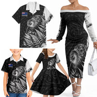 Personalized New Zealand Kiwi Bird Family Matching Off The Shoulder Long Sleeve Dress and Hawaiian Shirt Grunge Maori Tribal Pattern Silver Fern