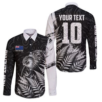 Personalized New Zealand Kiwi Bird Family Matching Off The Shoulder Long Sleeve Dress and Hawaiian Shirt Grunge Maori Tribal Pattern Silver Fern TS04 Dad's Shirt - Long Sleeve Black White - Polynesian Pride