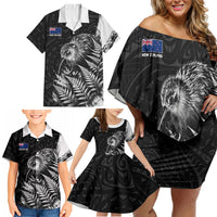 Personalized New Zealand Kiwi Bird Family Matching Off Shoulder Short Dress and Hawaiian Shirt Grunge Maori Tribal Pattern Silver Fern
