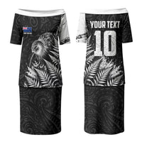 Personalized New Zealand Kiwi Bird Family Matching Puletasi and Hawaiian Shirt Grunge Maori Tribal Pattern Silver Fern TS04 Mom's Dress Black White - Polynesian Pride