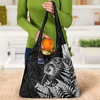 Personalized New Zealand Kiwi Bird Grocery Bag Grunge Maori Tribal Pattern Silver Fern