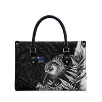 Personalized New Zealand Kiwi Bird Leather Bag Grunge Maori Tribal Pattern Silver Fern