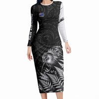 Personalized New Zealand Kiwi Bird Long Sleeve Bodycon Dress Grunge Maori Tribal Pattern Silver Fern TS04 Long Dress Black White - Polynesian Pride