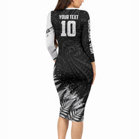 Personalized New Zealand Kiwi Bird Long Sleeve Bodycon Dress Grunge Maori Tribal Pattern Silver Fern
