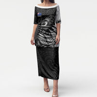 Personalized New Zealand Kiwi Bird Puletasi Grunge Maori Tribal Pattern Silver Fern TS04 Long Dress Black White - Polynesian Pride