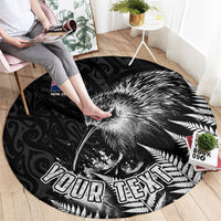 Personalized New Zealand Kiwi Bird Round Carpet Grunge Maori Tribal Pattern Silver Fern
