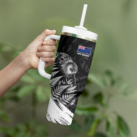 Personalized New Zealand Kiwi Bird Tumbler With Handle Grunge Maori Tribal Pattern Silver Fern