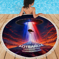 New Zealand Aotearoa Kiwi UFO Beach Blanket Sci-Fi Galaxy Sunset Sky Tower And Mountain