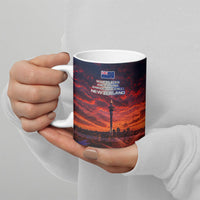 New Zealand Aotearoa Kiwi UFO Ceramic Mug Sci-Fi Galaxy Sunset Sky Tower And Mountain