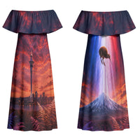 New Zealand Aotearoa Kiwi UFO Couples Matching Off Shoulder Maxi Dress and Hawaiian Shirt Sci-Fi Galaxy Sunset Sky Tower And Mountain