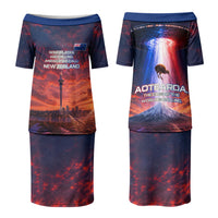 New Zealand Aotearoa Kiwi UFO Couples Matching Puletasi and Hawaiian Shirt Sci-Fi Galaxy Sunset Sky Tower And Mountain