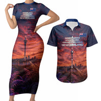 New Zealand Aotearoa Kiwi UFO Couples Matching Short Sleeve Bodycon Dress and Hawaiian Shirt Sci-Fi Galaxy Sunset Sky Tower And Mountain