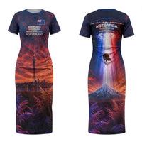 New Zealand Aotearoa Kiwi UFO Couples Matching Short Sleeve Bodycon Dress and Long Sleeve Button Shirt Sci-Fi Galaxy Sunset Sky Tower And Mountain