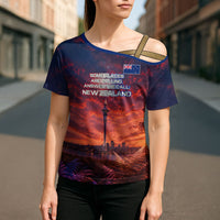 New Zealand Aotearoa Kiwi UFO Cross Shoulder Shirt Sci-Fi Galaxy Sunset Sky Tower And Mountain
