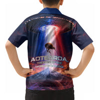 New Zealand Aotearoa Kiwi UFO Kid Hawaiian Shirt Sci-Fi Galaxy Sunset Sky Tower And Mountain