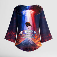 New Zealand Aotearoa Kiwi UFO Kimono Sleeve Blouse Sci-Fi Galaxy Sunset Sky Tower And Mountain