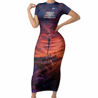 New Zealand Aotearoa Kiwi UFO Short Sleeve Bodycon Dress Sci-Fi Galaxy Sunset Sky Tower And Mountain TS04 Long Dress Blue Red - Polynesian Pride