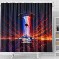 New Zealand Aotearoa Kiwi UFO Shower Curtain Sci-Fi Galaxy Sunset Sky Tower And Mountain