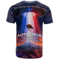 New Zealand Aotearoa Kiwi UFO T Shirt Sci-Fi Galaxy Sunset Sky Tower And Mountain