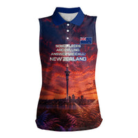 New Zealand Aotearoa Kiwi UFO Women Sleeveless Polo Shirt Sci-Fi Galaxy Sunset Sky Tower And Mountain