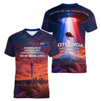 New Zealand Aotearoa Kiwi UFO Women V-Neck T-Shirt Sci-Fi Galaxy Sunset Sky Tower And Mountain