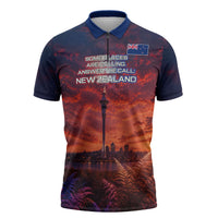 New Zealand Aotearoa Kiwi UFO Zipper Polo Shirt Sci-Fi Galaxy Sunset Sky Tower And Mountain TS04 Blue Red - Polynesian Pride