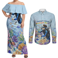 Fiji Taveuni Rainbow Reef Couples Matching Off Shoulder Maxi Dress and Long Sleeve Button Shirt Scuba Diver Vibrant Undersea Coral Garden Watercolor