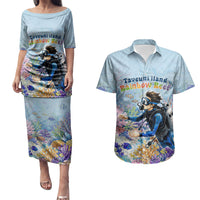 Fiji Taveuni Rainbow Reef Couples Matching Puletasi and Hawaiian Shirt Scuba Diver Vibrant Undersea Coral Garden Watercolor