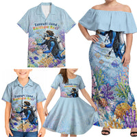 Fiji Taveuni Rainbow Reef Family Matching Off Shoulder Maxi Dress and Hawaiian Shirt Scuba Diver Vibrant Undersea Coral Garden Watercolor
