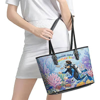 Fiji Taveuni Rainbow Reef Leather Tote Bag Scuba Diver Vibrant Undersea Coral Garden Watercolor