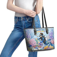 Fiji Taveuni Rainbow Reef Leather Tote Bag Scuba Diver Vibrant Undersea Coral Garden Watercolor