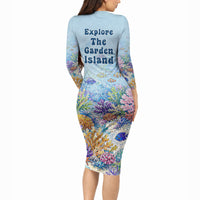 Fiji Taveuni Rainbow Reef Long Sleeve Bodycon Dress Scuba Diver Vibrant Undersea Coral Garden Watercolor