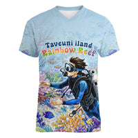Fiji Taveuni Rainbow Reef Women V-Neck T-Shirt Scuba Diver Vibrant Undersea Coral Garden Watercolor