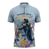 Fiji Taveuni Rainbow Reef Zipper Polo Shirt Scuba Diver Vibrant Undersea Coral Garden Watercolor